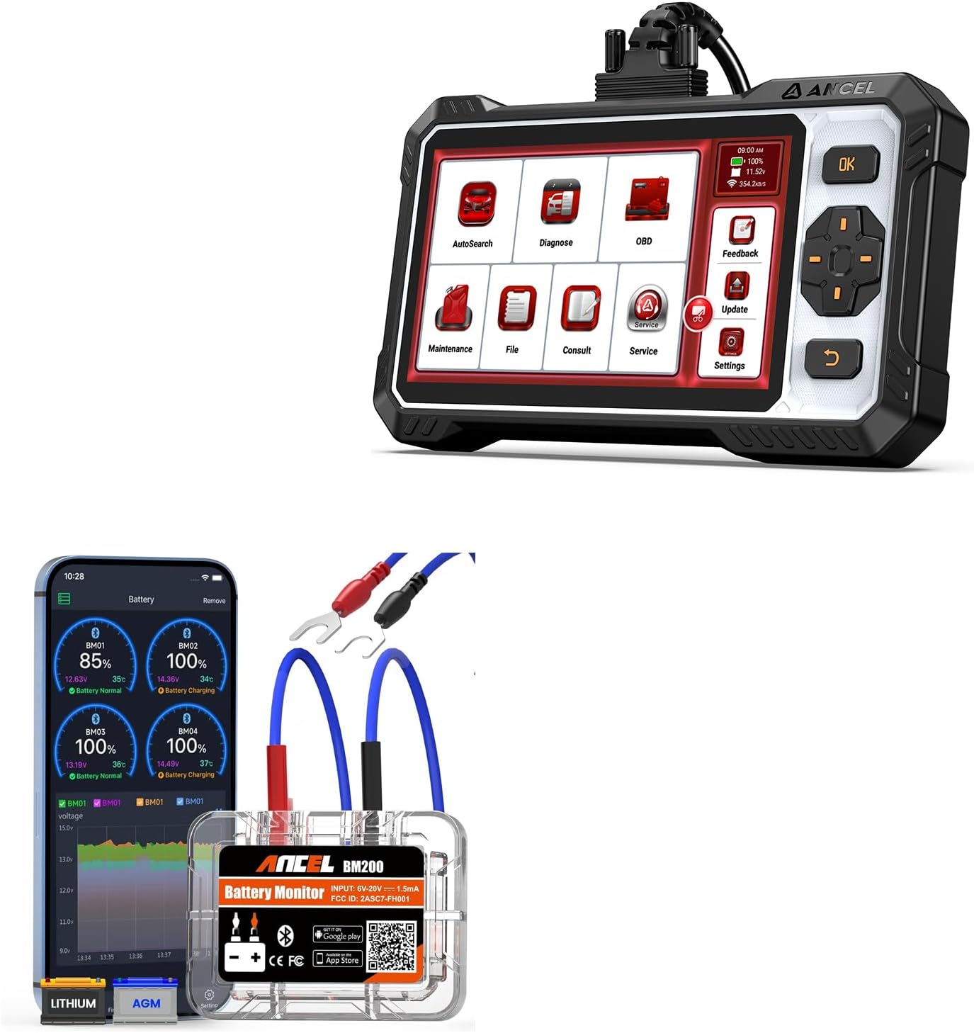 ANCEL BM200 12V Automotive Battery Monitor with ANCEL OBD2 Scanner FX6100 Bidirectional Scan Tool