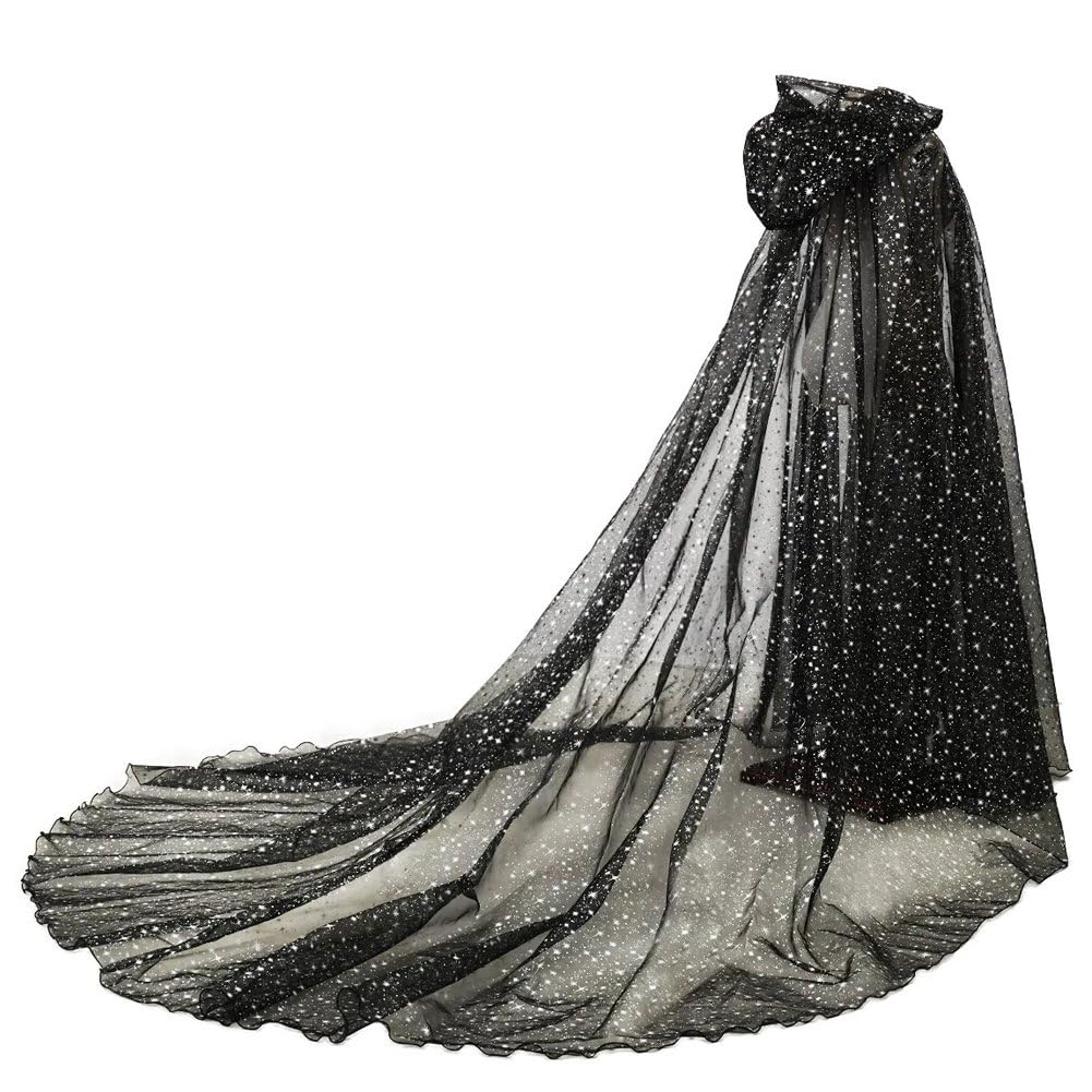 Baokuan Women's Black Wedding Tulle Cape Hooded Elf Cloak Bridal Dress Robe With Long Train