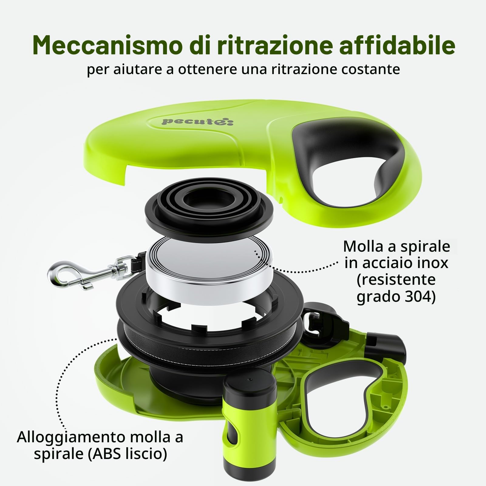 Pecute Guinzaglio Retrattile per Cani 10M (Fino a 50 Kg), Guinzaglio per Cane con Guinzaglio Esteso Senza Grovigli a 360°, Impugnatura Antiscivolo e Pulsante di Freno Rapido,Verde