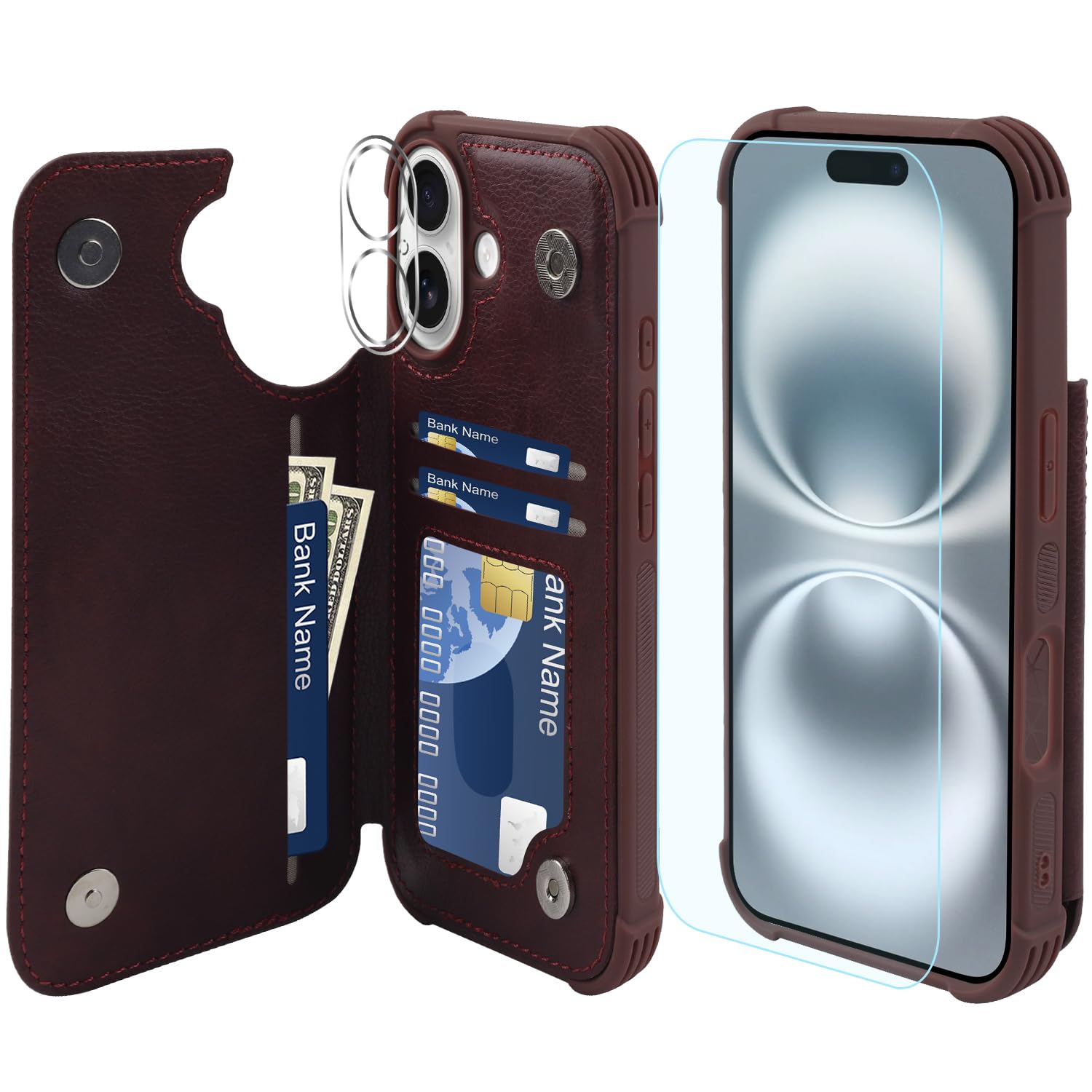 VANAVAGY Compatible for iPhone 16 Plus Wallet Case with Credit Card Holder,Rfid Leather Flip Folio Phone Cover Fits Magnetic Car Mount and Stand with Screen Camera Protector,burgundy