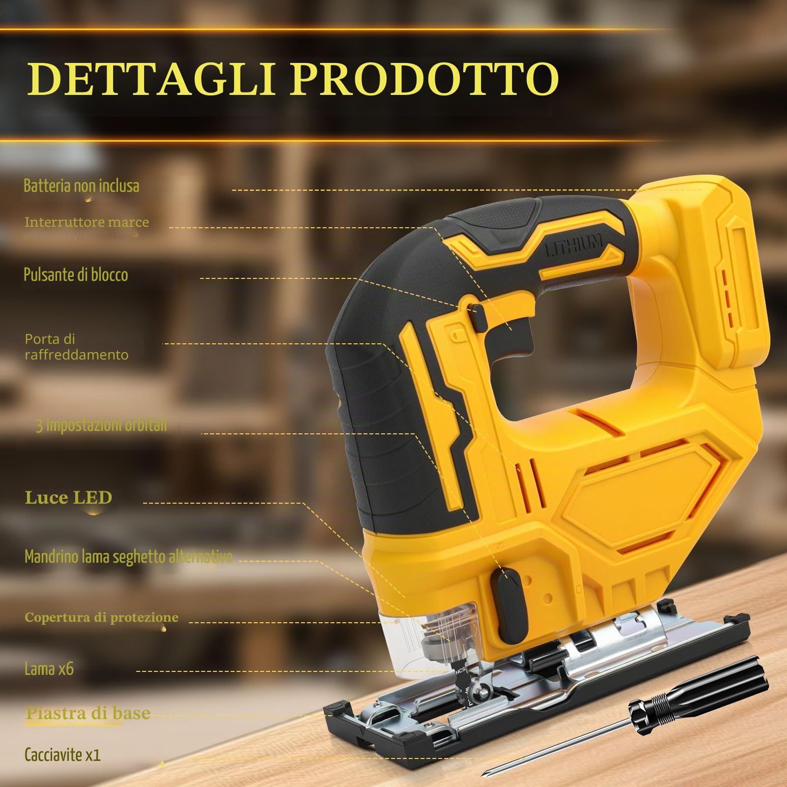 Seghetto alternativo elettrico senza fili per Dewalt 18V 20V, 400W 2900RPM, 3 azione orbitale, angolo di taglio smussato ±45°, 6 lame con codolo a T per legno, plastica, metallo (senza batteria)