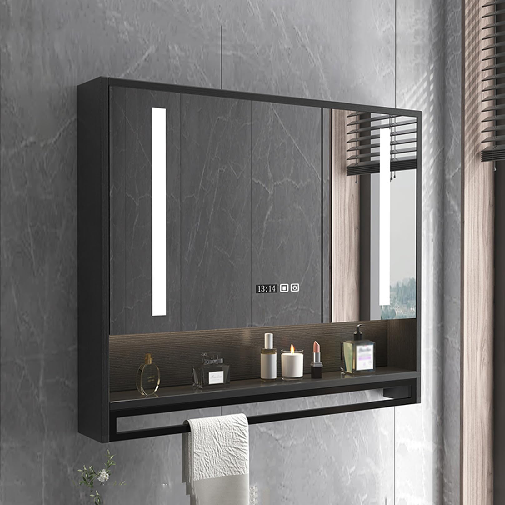 BKSXSOP Stylish Black 80cm Farmhouse Bathroom Mirror Cabinet with Storage, Vanity Medicine for Living Room & Bathroom, Functional Home Decor Solution