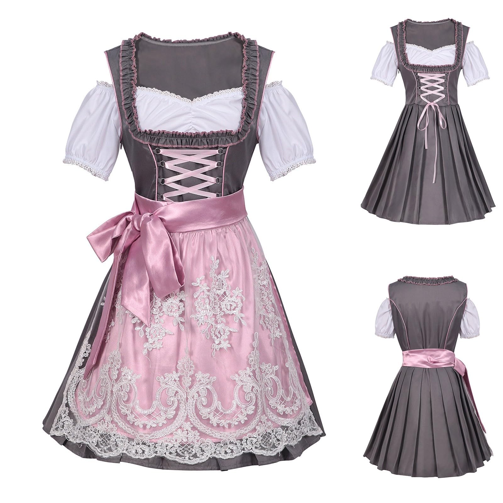 Velcoxplay Dirndl Set Damen 3-teilig - Trachtenkleid Mit Bluse & Schürze