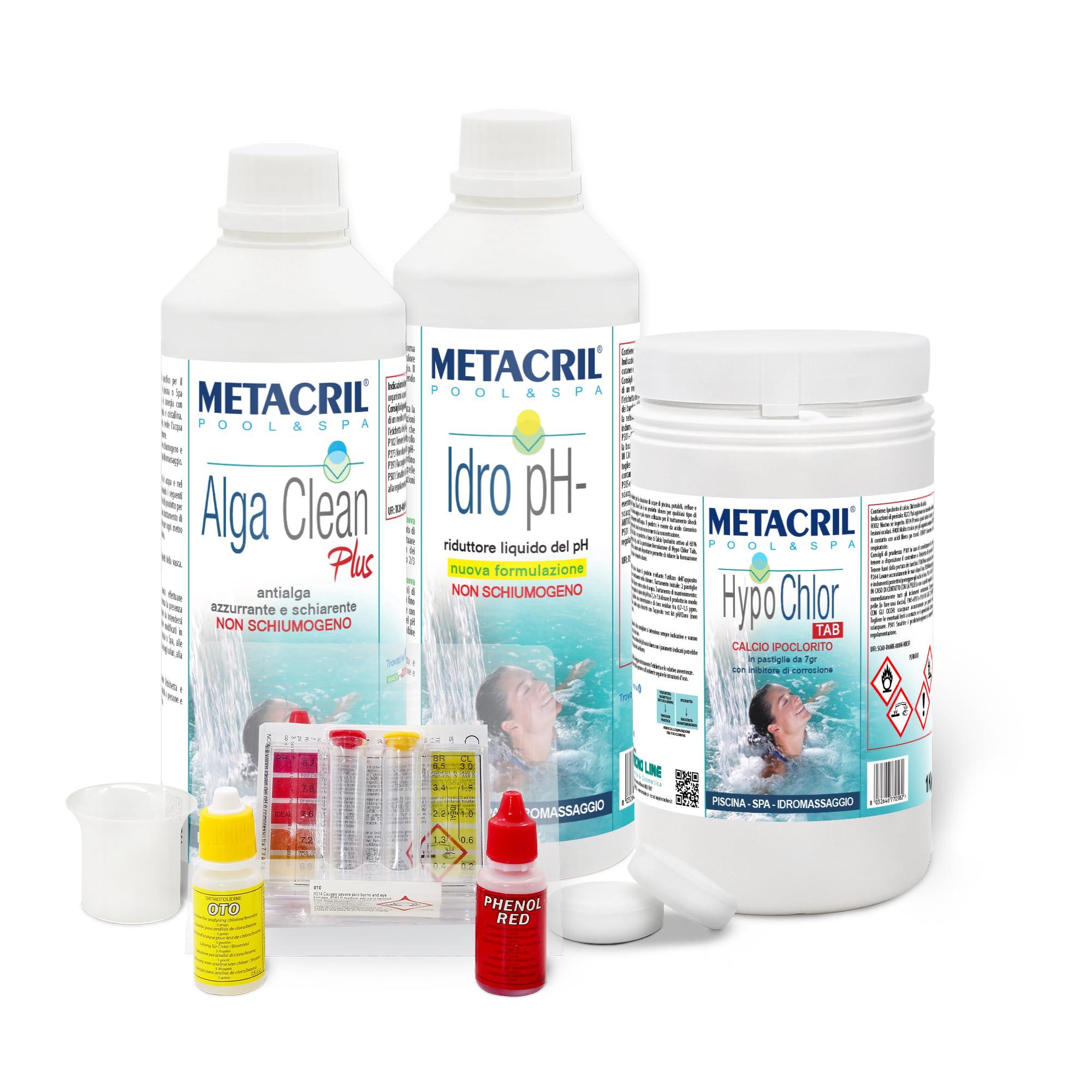 Metacril Starter Kit HypoChlor, Trattamento Acqua con Calcio Ipoclorito 3KG | Set di Prodottti per Piscina e Spa Idromassaggio di Tutte le Marche, a Base di Calcio Ipoclorito in pastiglie da 7 gr