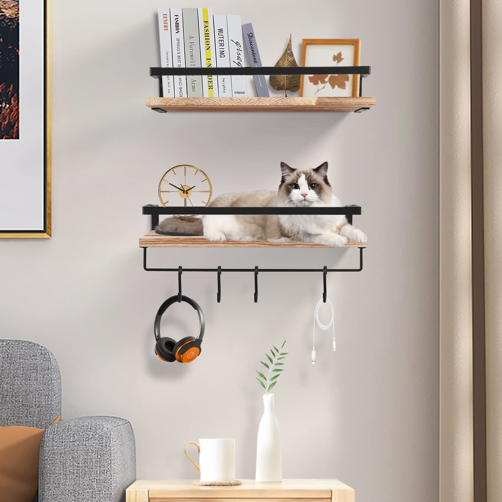 himaly Estantes flotantes para Pared, Juego de 2 estantes de Madera rústica, estantes Decorativos para Libros, baño, Dormitorio, Sala de Estar, Cocina