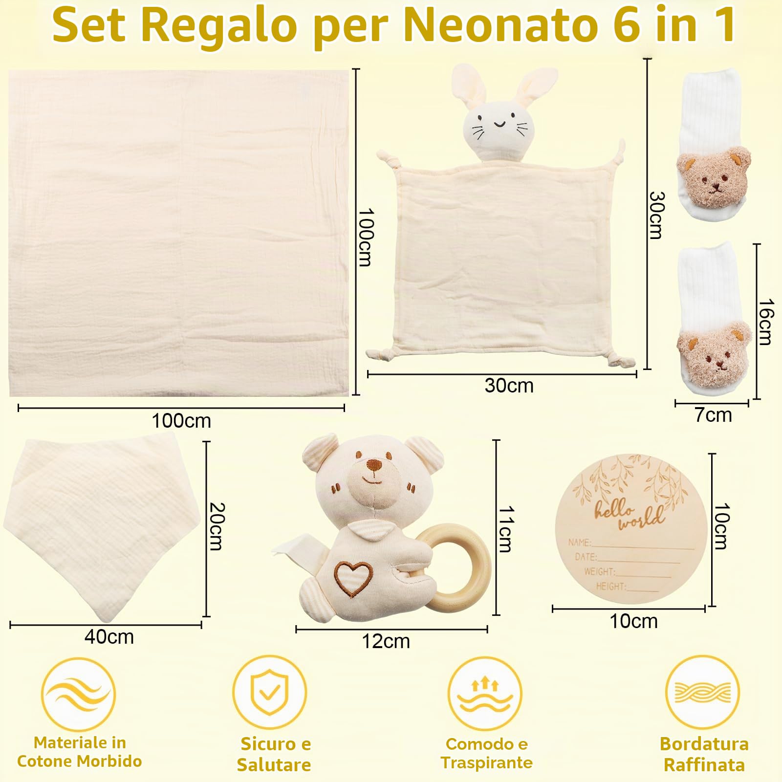 Set Regalo Neonato 6 in 1 Beige Unisex Articoli Essenziali Bambino Bambina