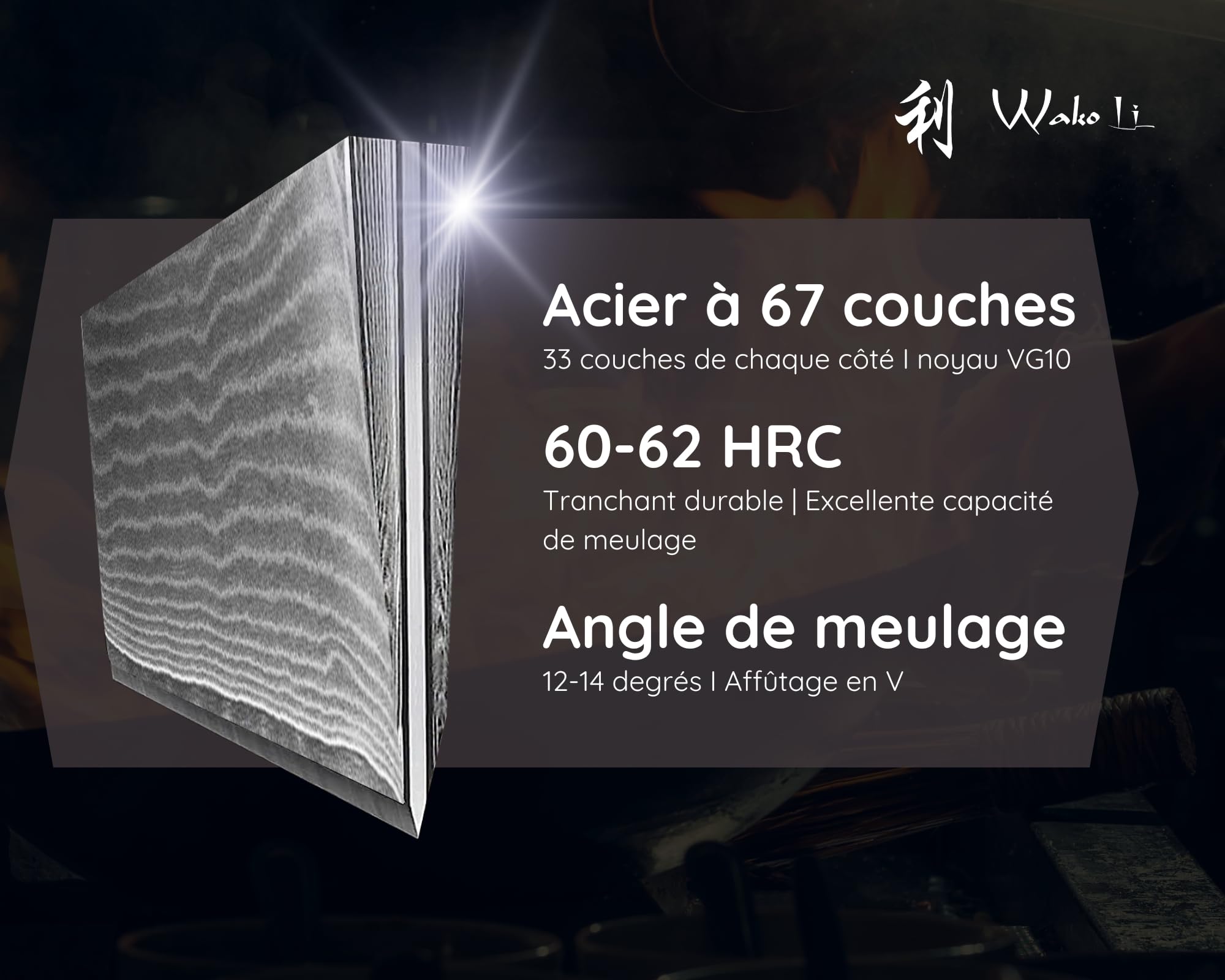 Wakoli Edib Set de 3 couteaux en Damas I Lames en acier damassé à 67 couches avec noyau VG10 et manches en bois de pakka I Couteaux de cuisine professionnels & couteaux damassés dans une boîte en bois