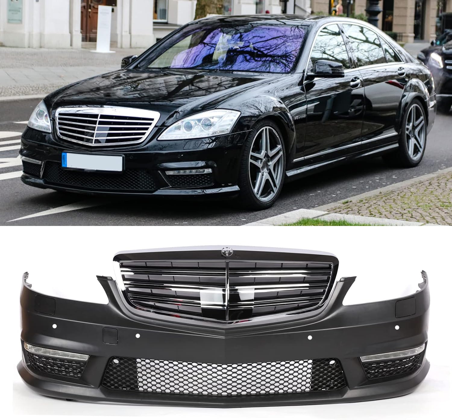 PENSUN S63/S65 AMG Style Front Bumper Cover Chrome Front Grille Grill with Daytime Running Lights Fit for 2007-2013 Mercedes Benz S-Class W221 S350 S550 S600