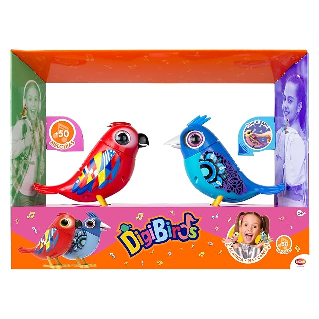 Bizak Digibirds pájaros interactivos Pack de Dos, Que cantan y silban