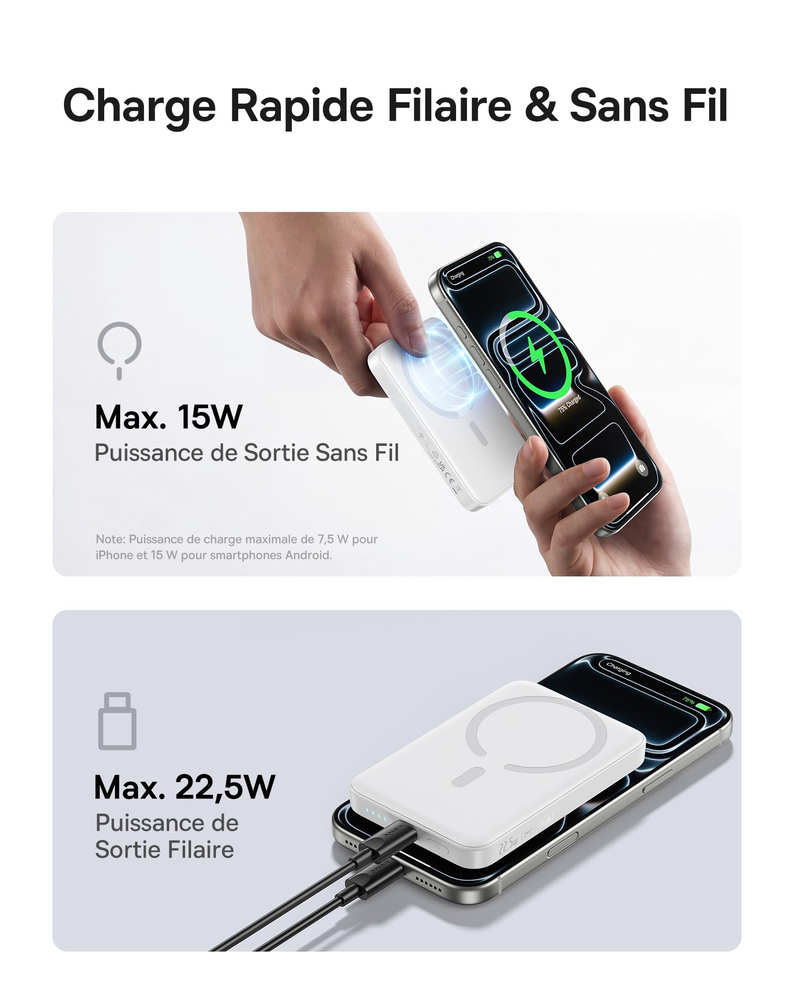 Baseus Enerfill FM11 MagSafe Powerbank 10000mAh 22.5W Batterie Externe Magnétique USB C, Batterie Portable sans Fil Mini Compatible avec iPhone 17/16/15/14/13/12/Pro/Pro Max, Blanc