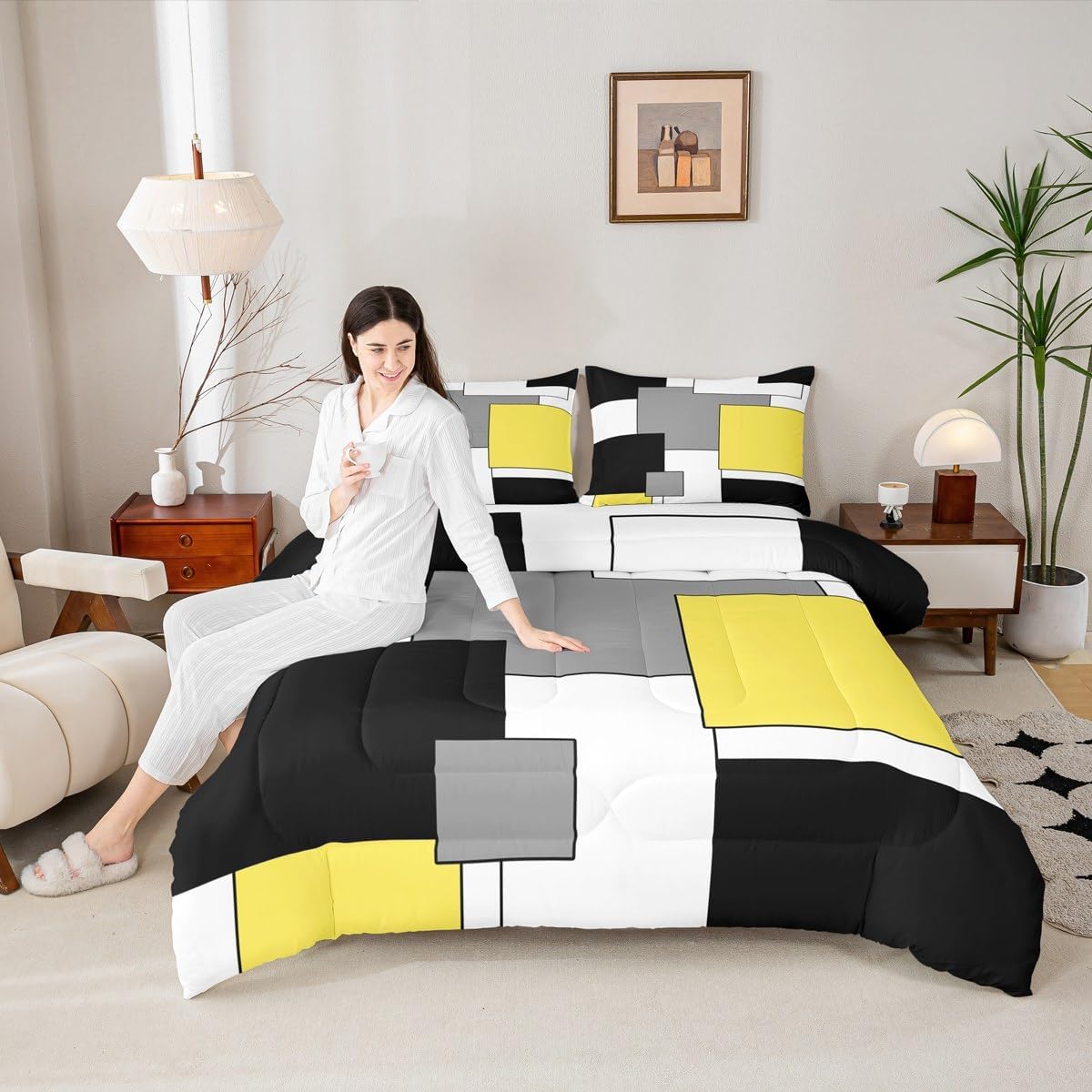 Black Orange Grey Kids Bedding Comforter Set Toddler Size,Geometric Square Bedding Sets All Season,Modern Abstract Bedroom Quilt Set,Simple Style Vintage Duvet Insert,1 Pillowcase