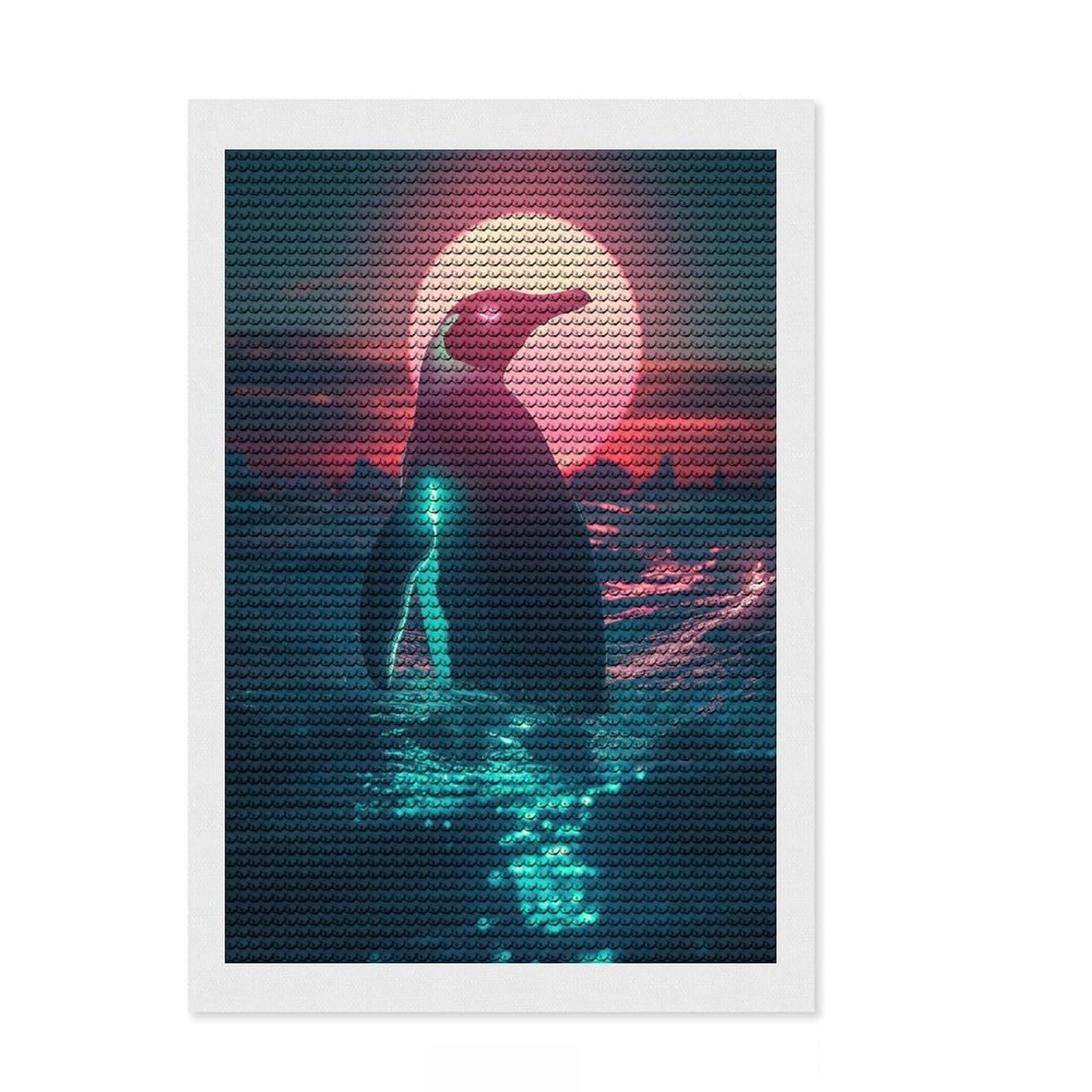 Junmoney Neon Penguin Sunset DIY Diamond Art Canvas Kit 8"x12", Calming Craft to Unwind, Adhesive Canvas, Aesthetic Room Decor, Christmas Gift