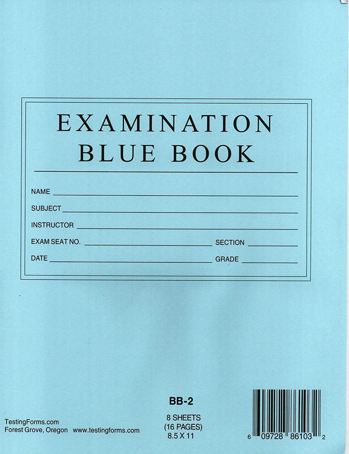 TestingForms.com 8.5" x 7" Examination Blue Book 8 Sheets 16 Pages 50 Booklets