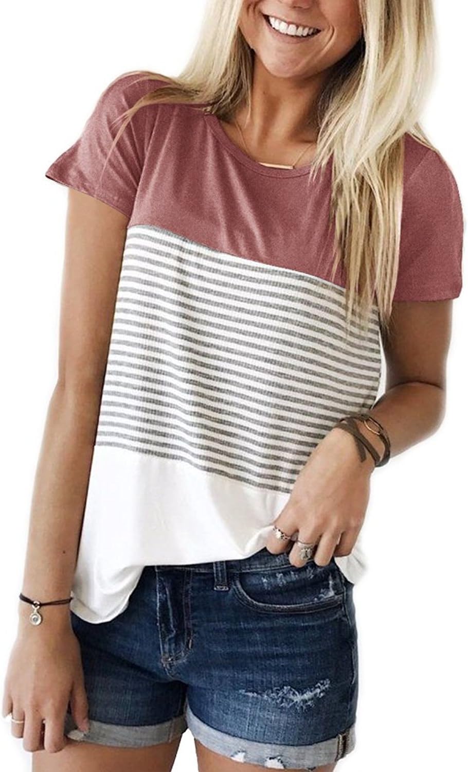 Womens Short Sleeve Striped T-Shirt Color Block Striped Shirts Casual Blouse