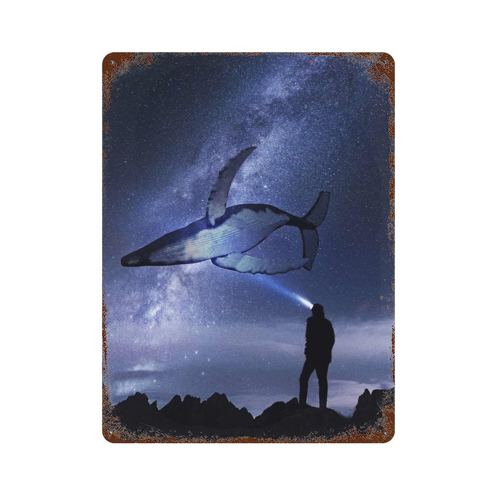 Celestial Whale Rust Effect Tin Sign 15.7"x11.8", Old School Wall Decor for Farmhouse, Kitchen And Entryway Decor