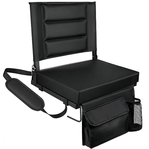 Stadium Seats with Back Support, Portable Folding Bleacher Chair Regular | Bleacher Chairs with Removable Cushion, Large Storage Pocket, Sports Games, School Events, Black
