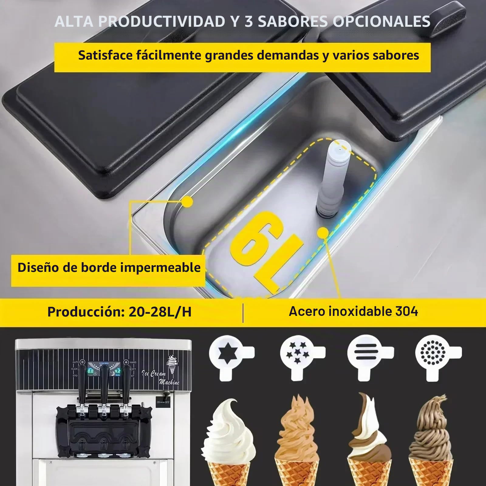 Máquina para helado Comercial 20-28 L/H Ice Cream Maker para ahora máquina helado profesional con bandeja para huevos y panel LCD preenfriado 2200W máquina de helado 3 sabores