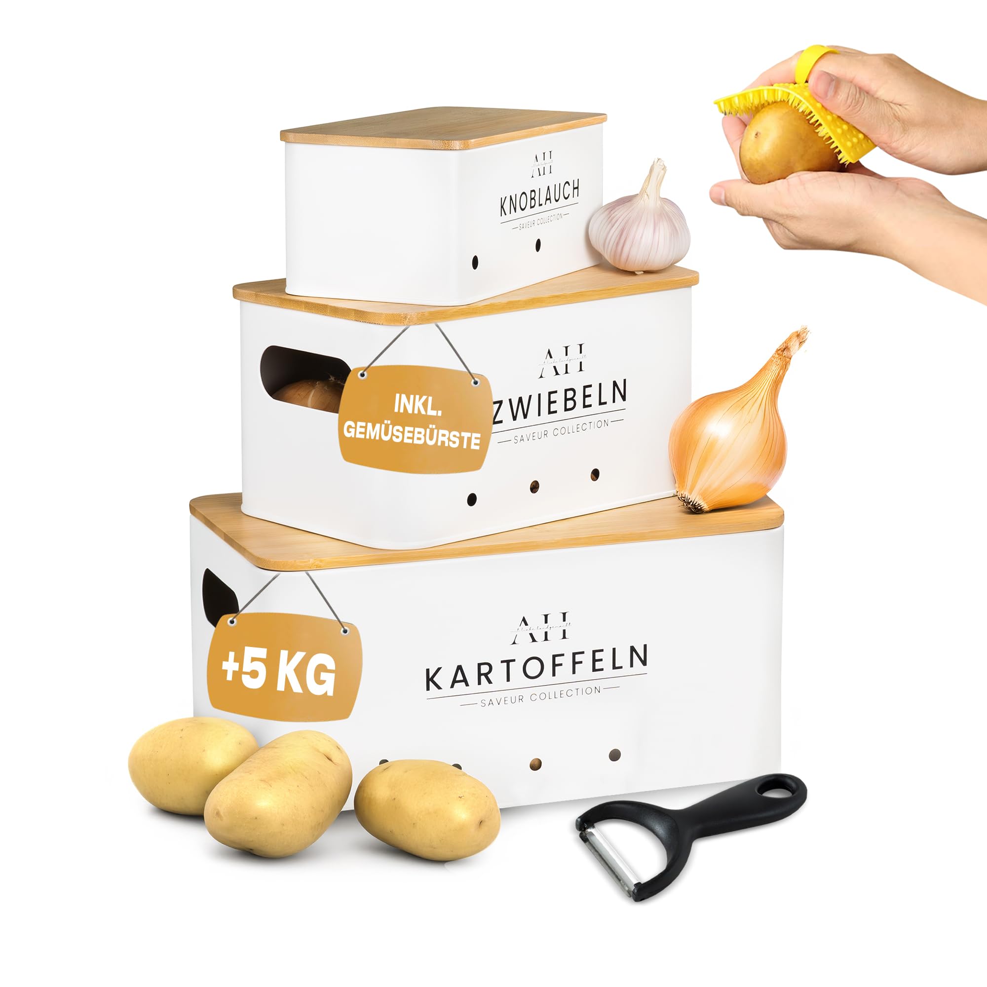 AH® Kartoffel Aufbewahrungsbox inkl. Gemüsebürste [4er Set]- zwiebeltopf, kartoffelbox - Geeignet für gemüse aufbewahrung Zwiebel aufbewahrung & kartoffel aufbewahrung (Weiss)