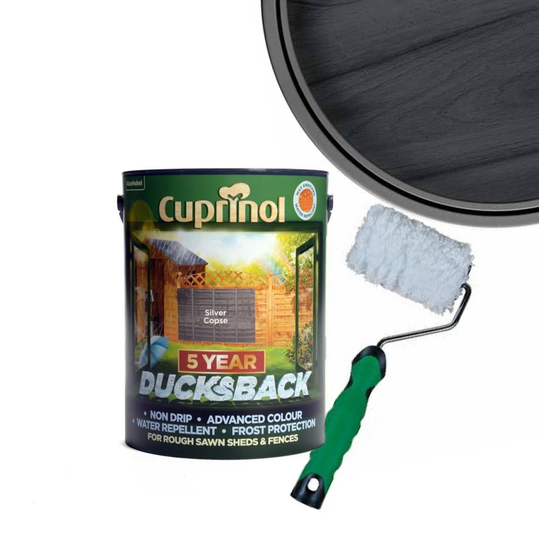 Cuprinol Ducksback- Silver Copse : Shed & Fence Paint 5 Litre| Non Drip, Water Repellent and Frost Defence. Protection for 5 Years. Includes 4" Shed,Fence And Decking Roller (SILVER COPSE)