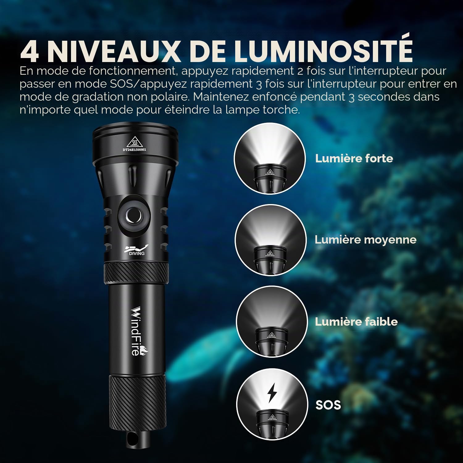 WINDFIRE Lampe de plongée 7 000 lumens lampe de poche de plongée super lumineuse 4 modes lampe de poche sous-marine avec indicateur de puissance, professionnelle lampe de plongée