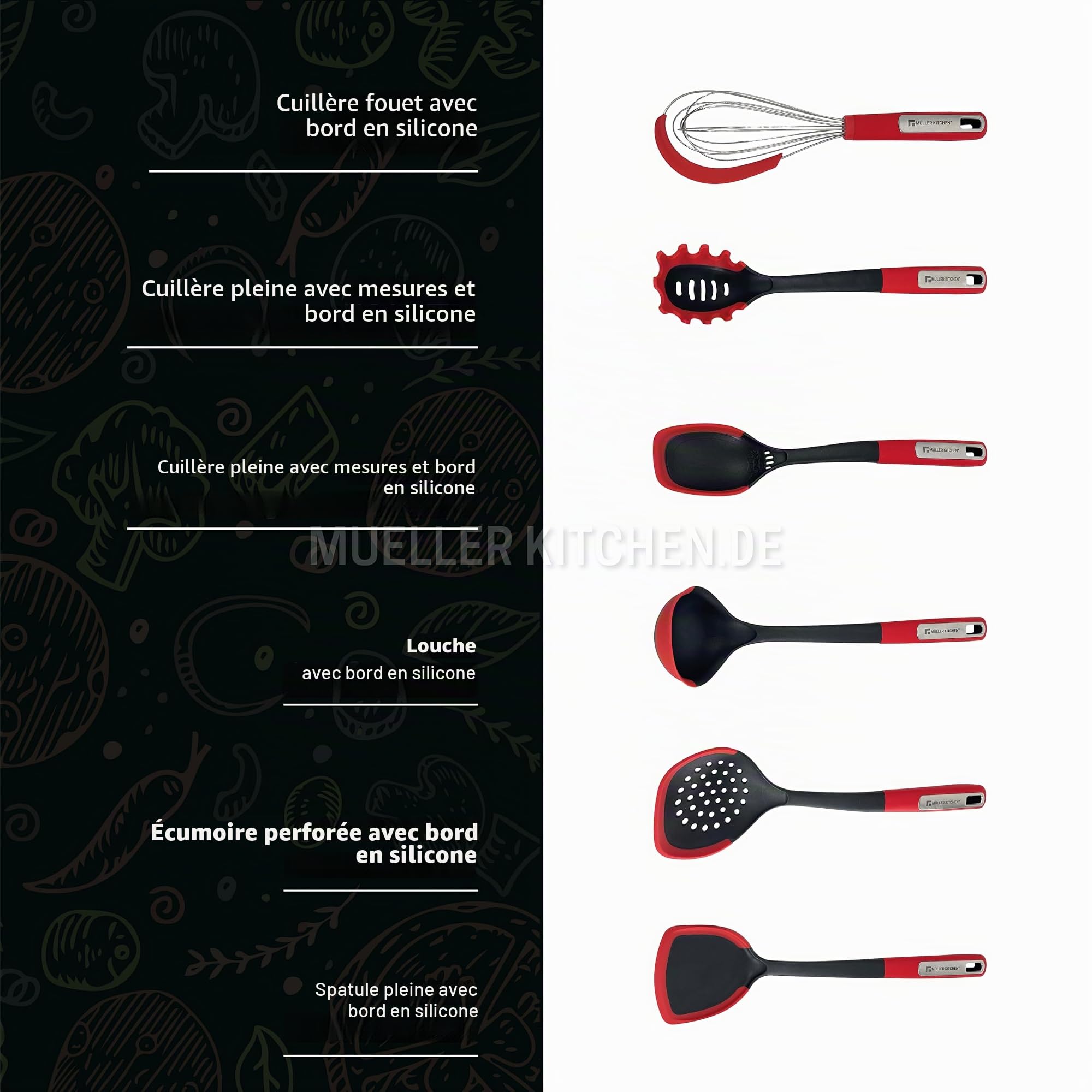 Muller Kitchen MK-1611 Kitchen Utensil Set (7-Piece with Silicone Edges, 360° Rotating Stand, Ergonomic Rubber and Stainless Steel Handles, for Nonstick Cookware)