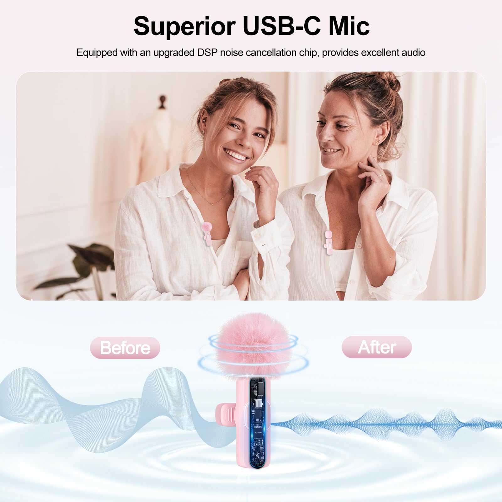 PoP voice Wireless Lavalier Microphone for iPhone/Android - Mini Clip-On Mic with Noise Cancellation, 65ft Range, 12H Battery, Lapel Mic for Record Video, Podcast Vlog Content Creator Interview: Pink