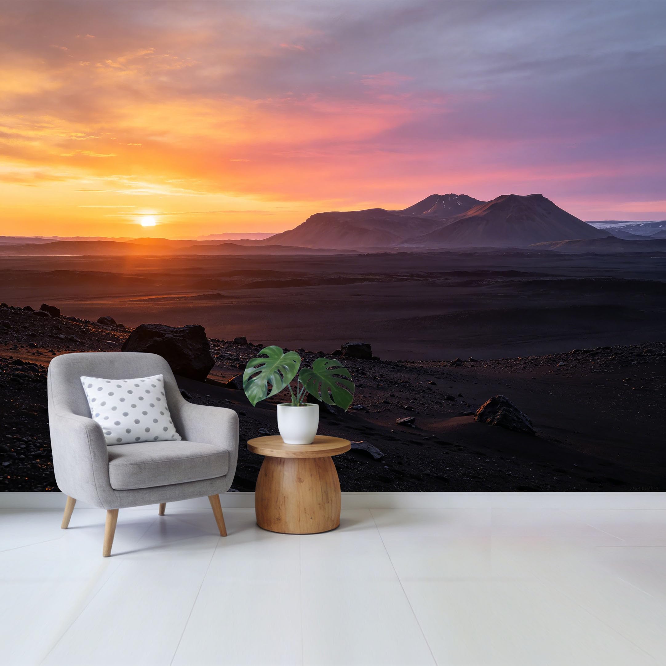 Custom Size Wall Mural Volcanic Mountain Sunset Landscape Removable Self Adhesive Fabric， Home Wall Decor for Living Room Bedroom Bathroom Contemporary Modern Scenic View Art