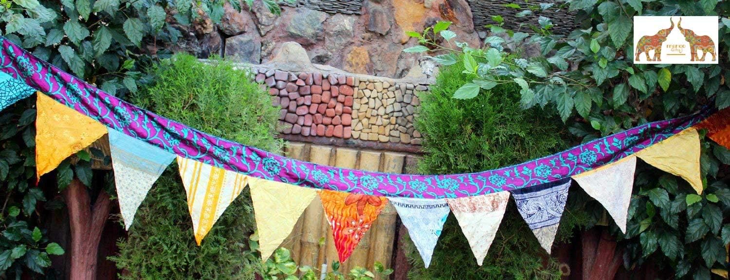 Handmade Multicolor Large Indian Vintage Recycled Sari Bunting with 19 Flags 400 cm Long Approx
