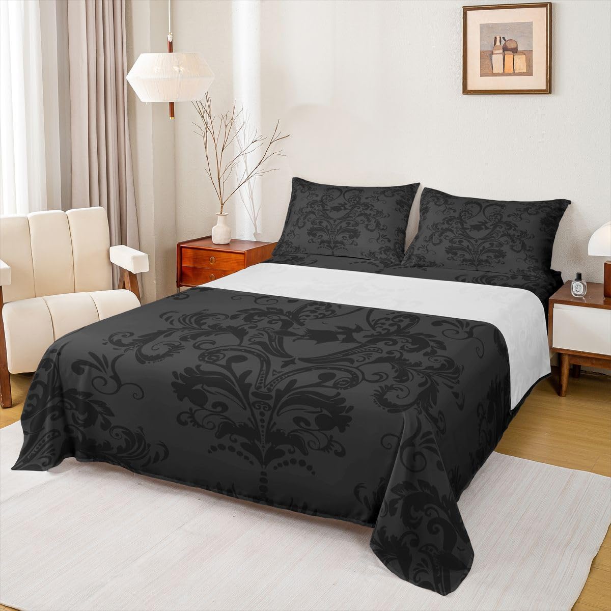 Homewish Czarny adamaszek zestaw pościeli podwójna czarownica gotyckie prześcieradła vintage boho kwiatowy zestaw pościeli - antyczne wiktoriańskie prześcieradła z gumką 4-częściowy wystrój pokoju