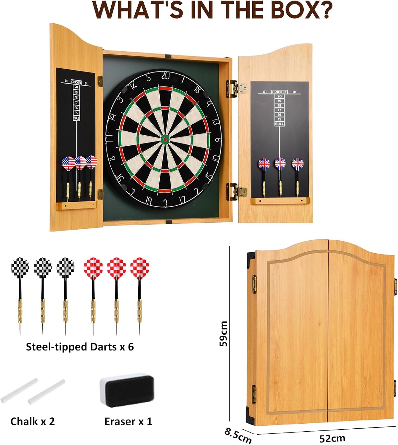 Advwin 18" Dartboard, Dartboard Cabinet Set with Chalk Scoreboard & Eraser, Storage Cabinet, Includes 6 Steel-Tip Darts, Wall/Door Mountable, Gift-Ready