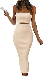 Women's Summer Midi Bodycon Dress Strapless Cut Out Knit Tube Long Fitted Dresses - Buy now