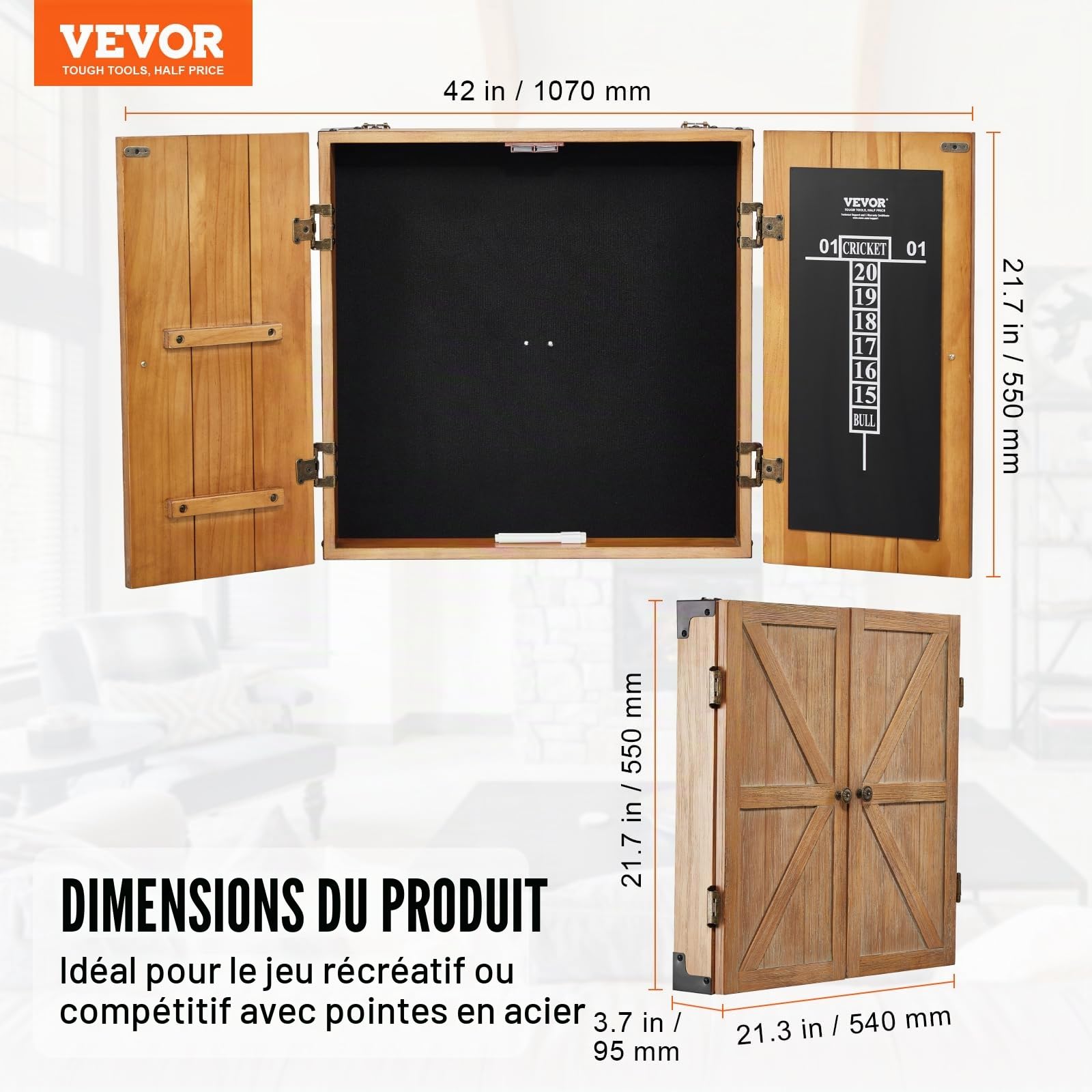 VEVOR Armoire à Fléchettes en Bois Massif, Coffret Dissimulée de Taille Officielle avec Tableau de Score et Accessoires, Assemblage Facile, pour Jeux de Cricket (Cible de Fléchettes Non Incluse)