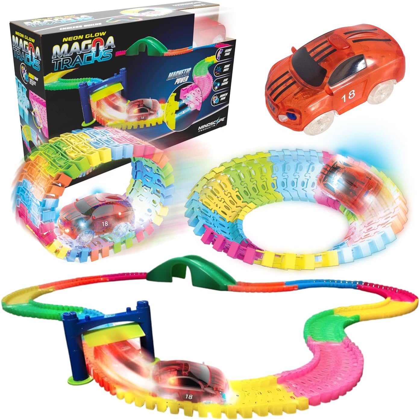 Mindscope Twister Tracks MagnaTracks 12 feet of Neon Glow in The Dark Magnetic Raceway with Accessories + Vehicle