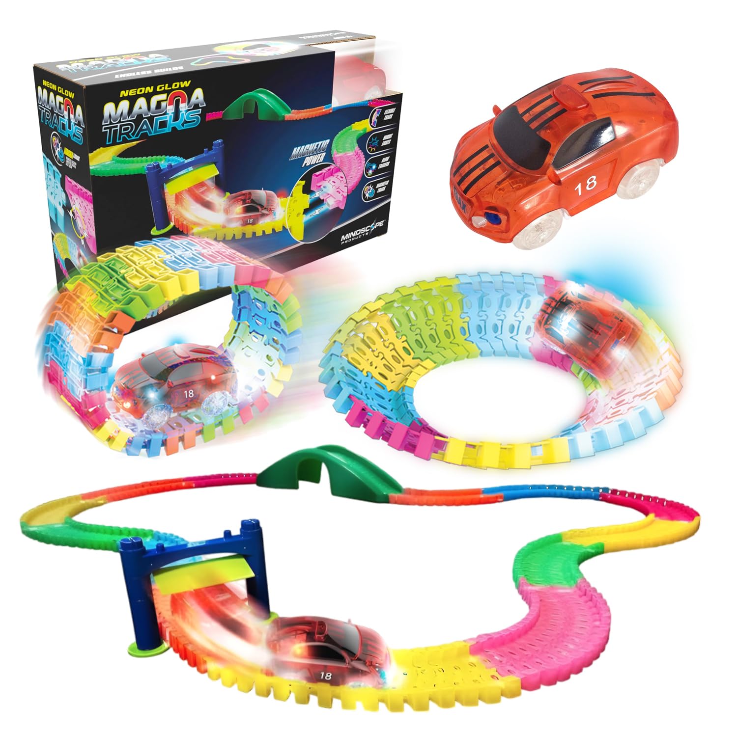 Mindscope Twister Tracks MagnaTracks 12 feet of Neon Glow in The Dark Magnetic Raceway with Accessories + Vehicle