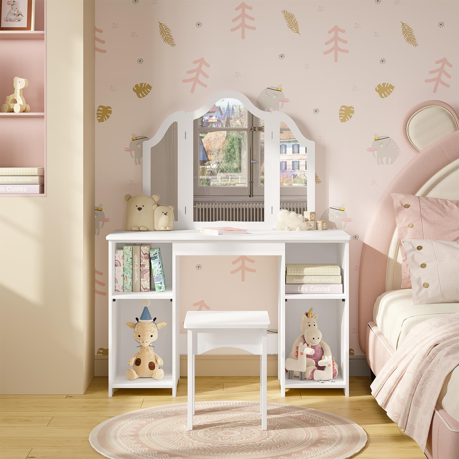 WOLTU Mesa Tocador Infantil con Taburete y Espejo Plegable, Conjunto de Tocador Maquillaje de 3 Piezas, con 4 Compartimentos, Estante Ajustable, Blanco, MDF, MB6120ws