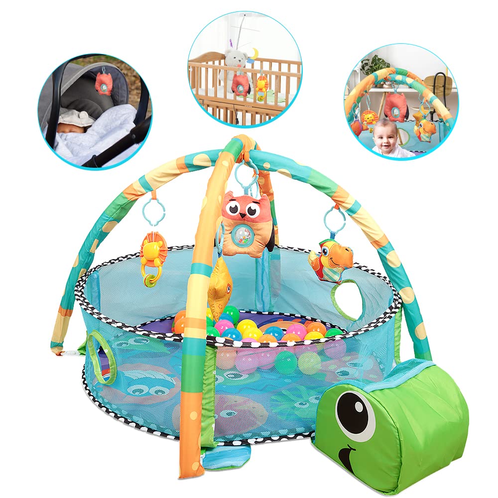 Tapis d'éveil tortue multifonction avec parc à balles, arche de jeux suspendue, 30 balles de piscine incluses, pour bébés 0 à 3 ans