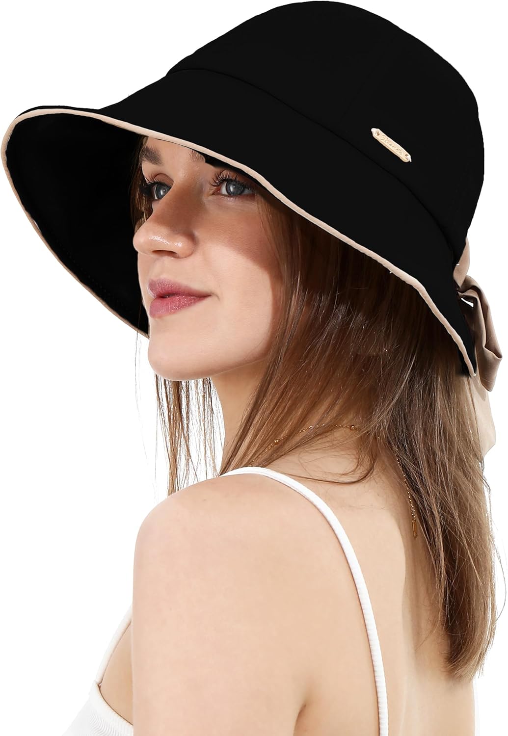 Sun Hat for Women Wide Brim Bucket Hats with Bow Ponytail Hole UV Protection Beach Cap for Summer UPF 50+
