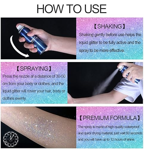 Temporary Glitter Spray, Body Shimmery Spray For Skin, Face, Hair And Clothing, Quick-Drying Waterproof Glitter Hairspray Highlighter Face Makeup Spray For Prom, Festival Rave, Stage Makeup, 2Oz #TOP4