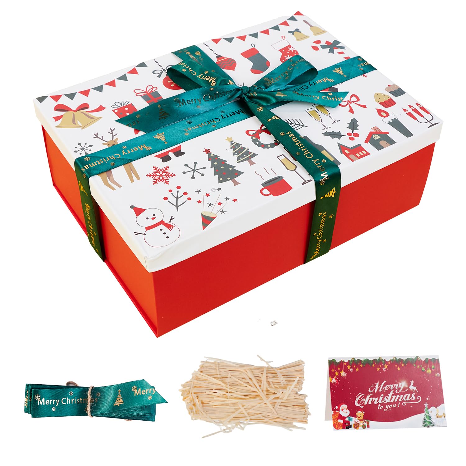 Large Christmas Boxes with Lids for Present,11.3x8.2x4.1In Christmas Boxes for Gifts with Card,Ribbon and Crinkle Paper (White & Red)