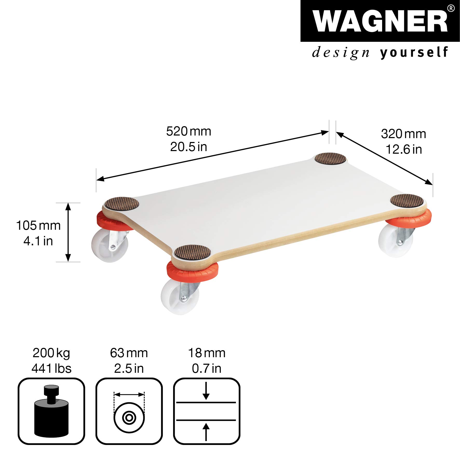 Wagner Plataforma de Carga MM 1363-52 x 32 cm, Antideslizante, Revestimiento Especial, 200 kg de Carga Máxima, Fácil de Limpiar, Protege la Pared y es Robusto - 20136301