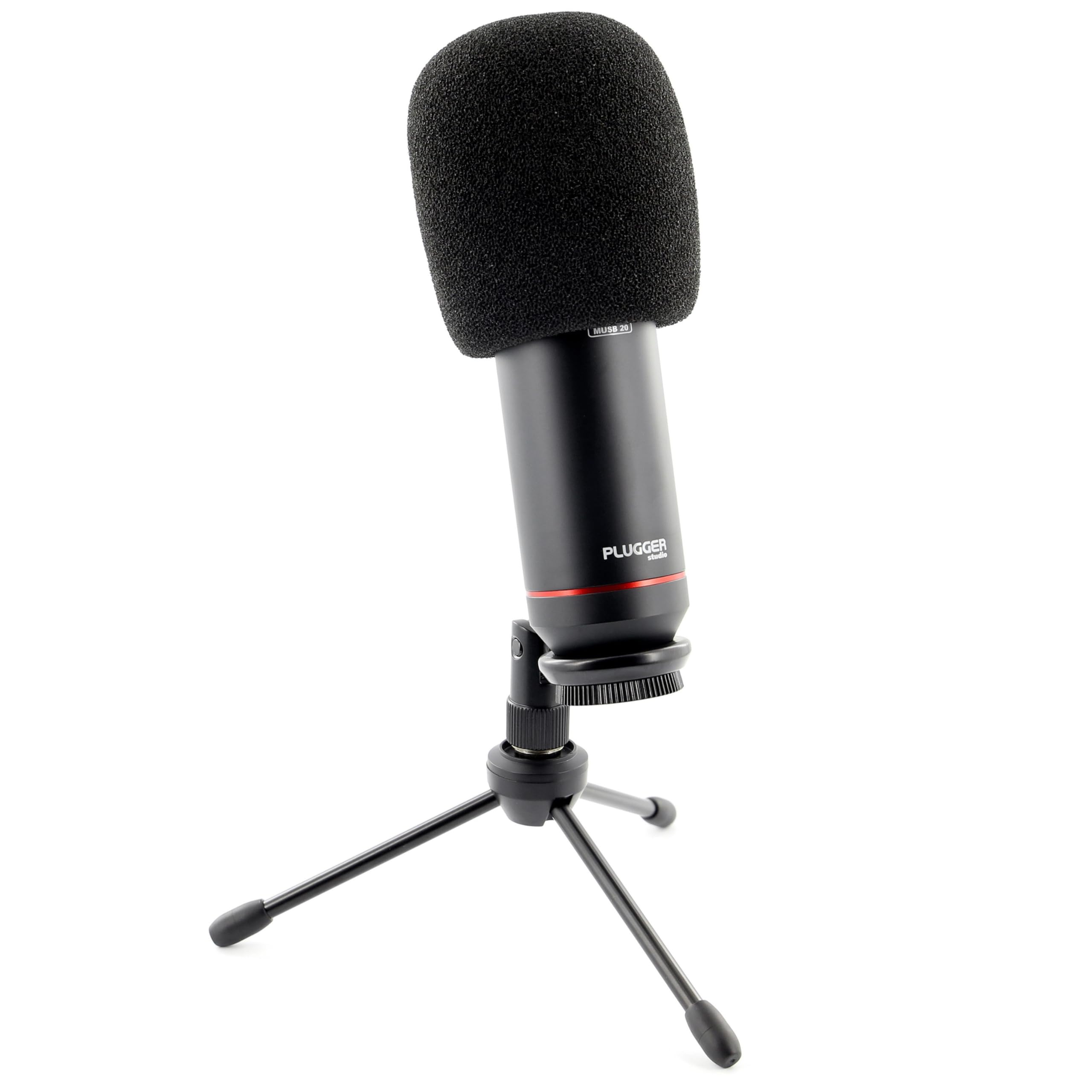 Plugger Microphone condensateur USB professionnel MUSB 20 Cardioïde Noir. Streaming, Podcast, Gaming, Enregistrement voix pour PC Windows et Mac. Trépied, pince et bonnette inclus. Plug & play.