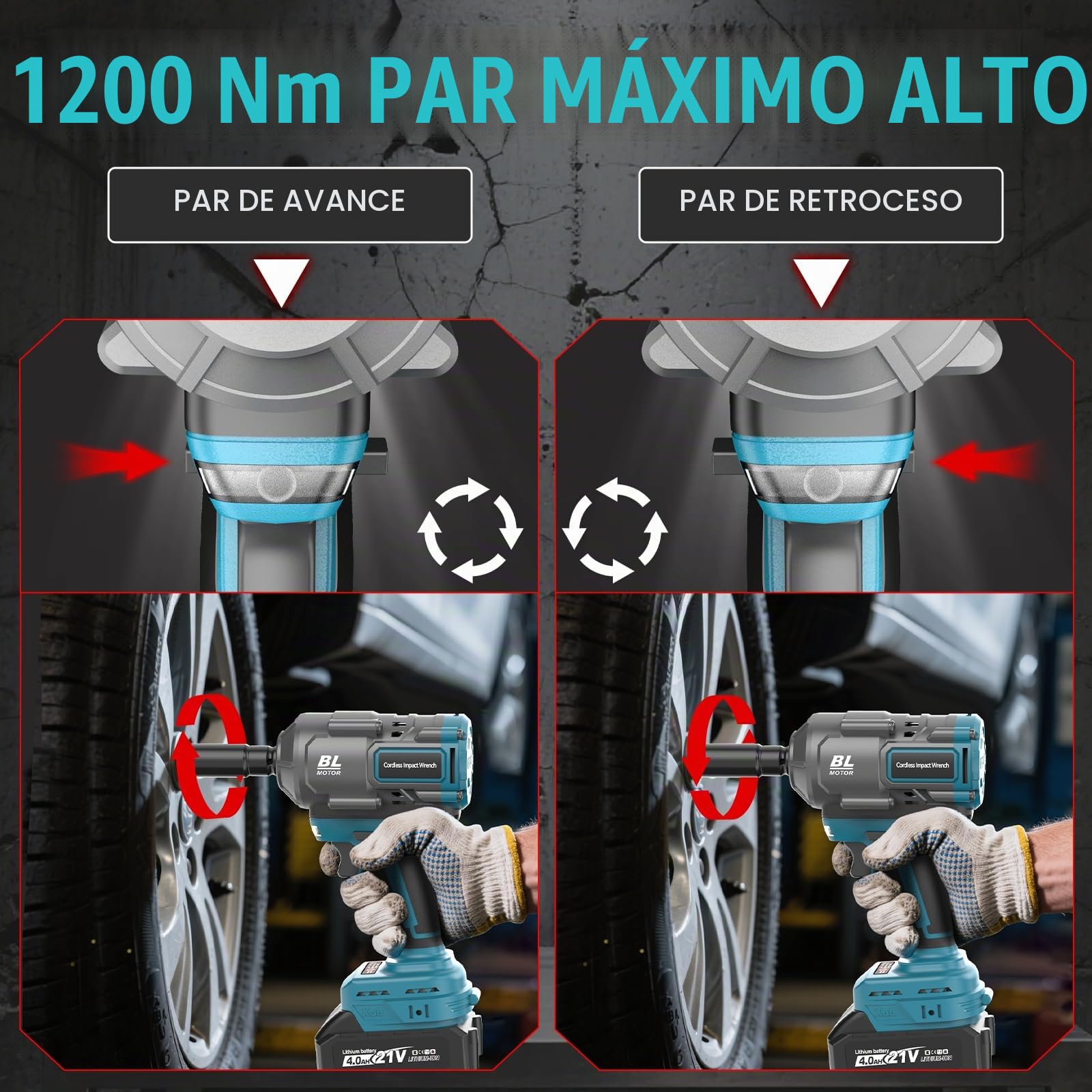 1200Nm Llave de Impacto a Bateria Inalámbrica, 1/2 Pistola de Impacto Bateria con dos baterías de 4000 mAh, Cargador Rápido, 5 Llaves de vaso, Pistola impacto para neumáticos de coche
