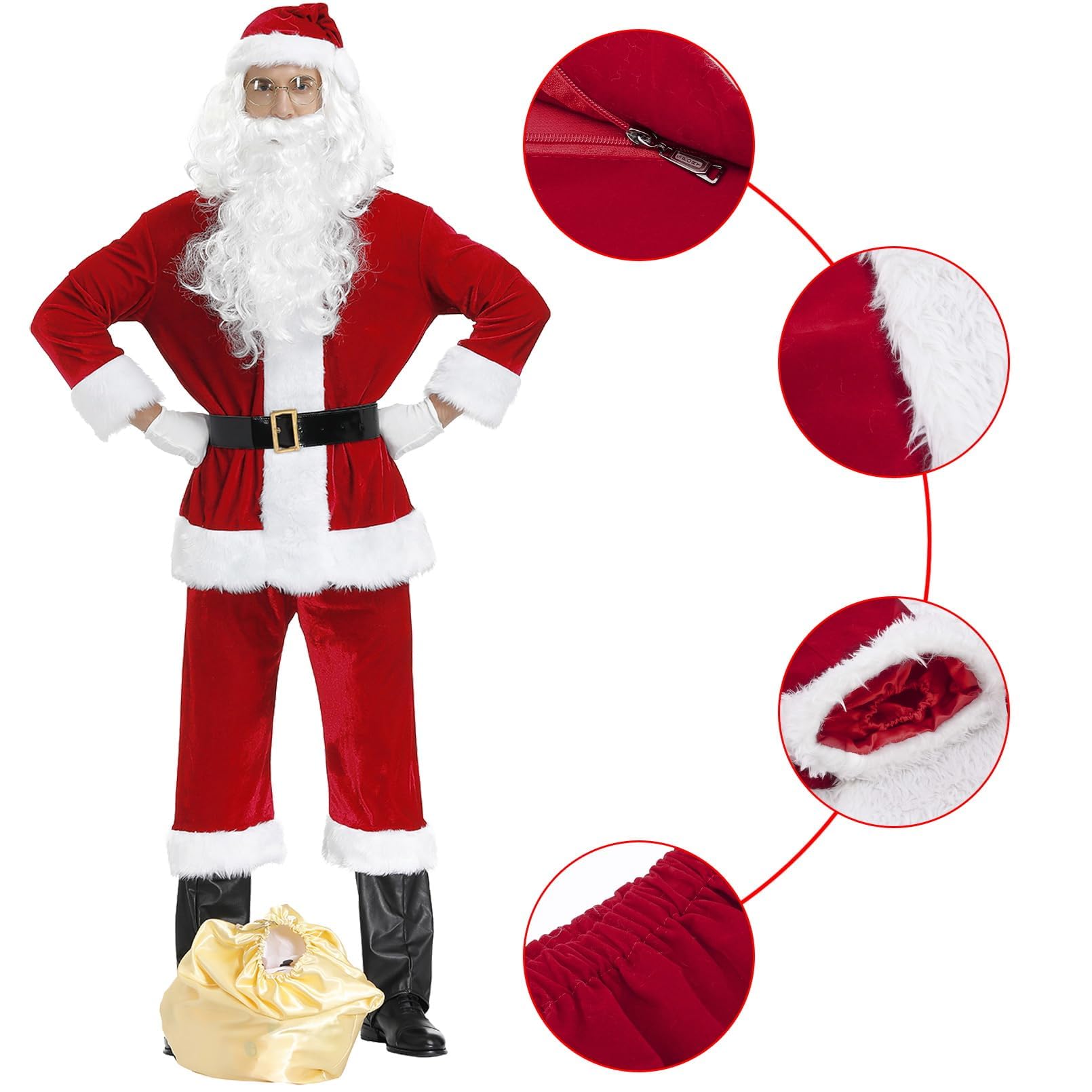 EOZY Disfraz de Papá Noel de lujo de 10 piezas, traje de Papá Noel de felpa roja vintage con bolsa de regalo