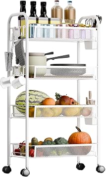 BENBOR Fruit Basket for Kitchen,5 Tier Fruit and Vegetable Storage Basket Cart,Stackable Metal Mesh Rolling Storage Trolley Cart,Slim Storage Organizer Stand on Wheel for Kitchen 4-Layers White