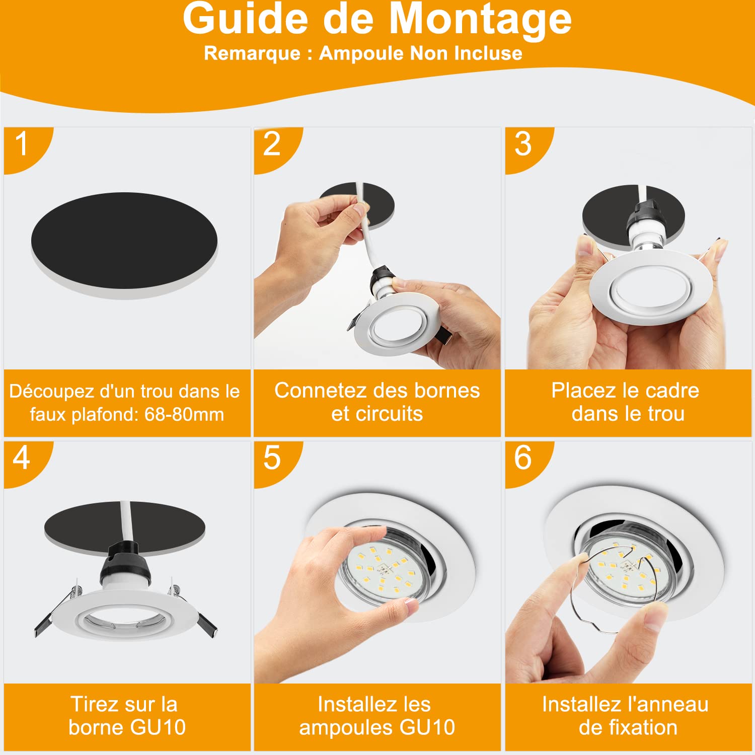 Bojim Support Spot Encastrable Orientable GU10 Rond Blanc, Entourage Spots Led de Plafond GU 10 Armature Inox Brossé Cadre de Montage Trou 68mm - 85mm Lot de 10 (Sans Ampoule)