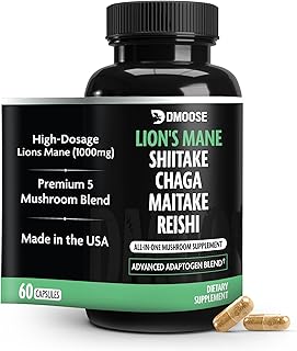 DMoose Fitness Lions Mane Mushroom Supplement - 5300mg Adaptogenic Blend for Memory, Focus & Immune Support, 5in1 Lionsmane, Chaga, Maitake, Shiitake & Reishi