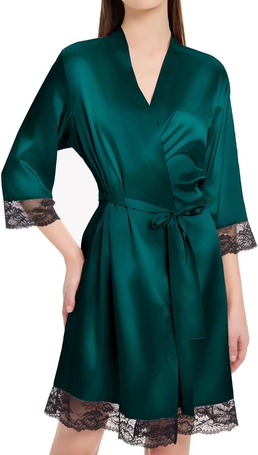 Silk Satin Robes for Women Short Kimono Sexy Lace Trim Satin Bathrobes V Neck 3/4 Sleeve Bride Bathrobe - Image 2