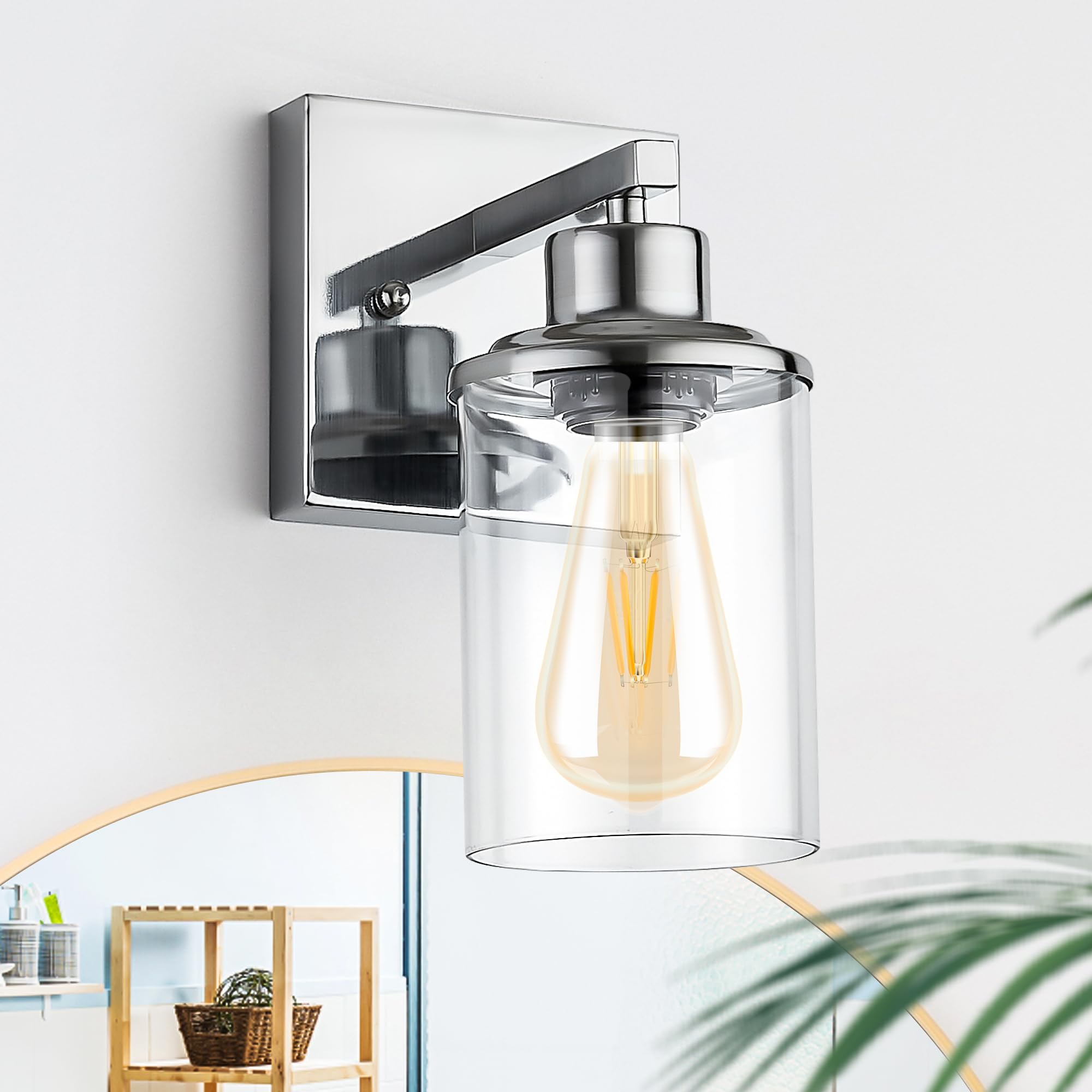 Ravinte Hardware 1-Light Bathroom Light Fixtures,Brushed Chrome Bathroom Vanity Light Over Mirror with Clear Glass Shade, Silver Vanity Light for Bathroom, Bedroom (Bulbs Not Included)