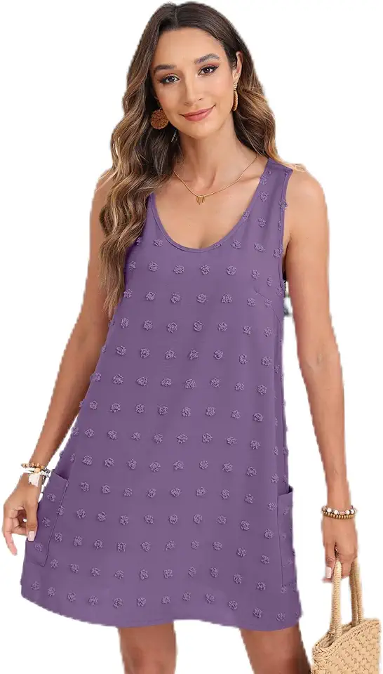 Vestidos de verão casuais femininos vestidos de praia com bolinhas suíças, decote em V, vestido regata com bolsos