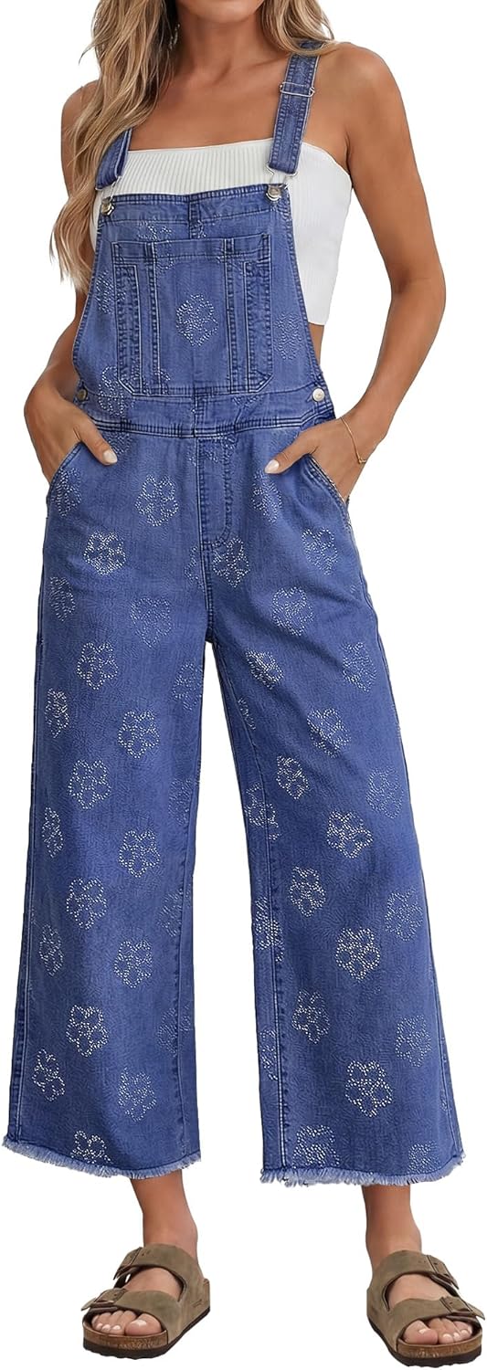 luvamia Denim Overalls for Women Wide Leg Capri Jean Jumpsuit Loose Fit Summer Stretchy Bib Overall Embroidered Raw Hem